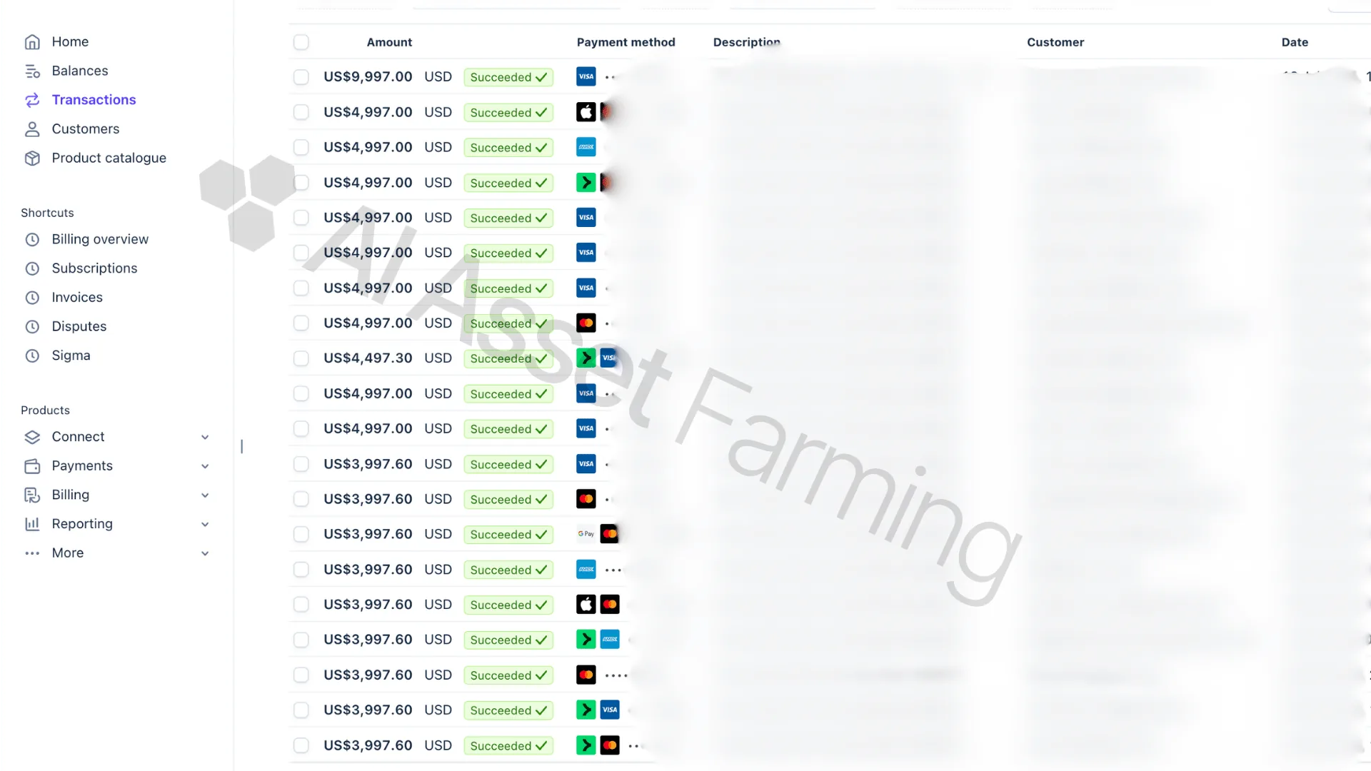Stripe transactions ledger - high-ticket succeeded payments
