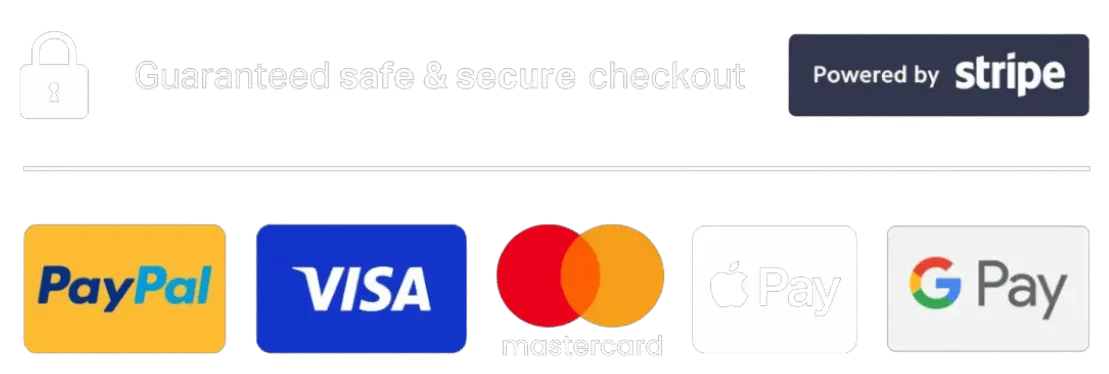 Safe and secure checkout. Powered by Stripe. Visa, Mastercard, Amex, JCB, Discover, Diners.